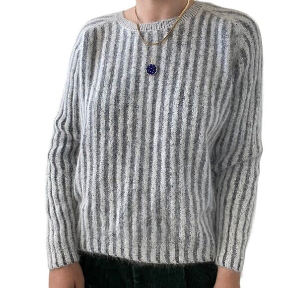 Womens Angora Blend Gray White Stripe Fluffy Fuzzy Soft Crewneck Preppy Sweater - Picture 1 of 7